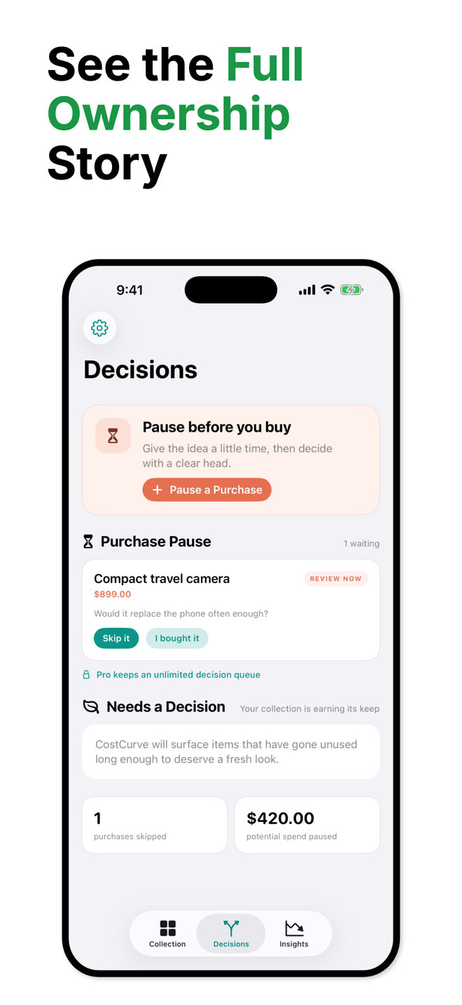 CostCurve on iPhone, primary screen