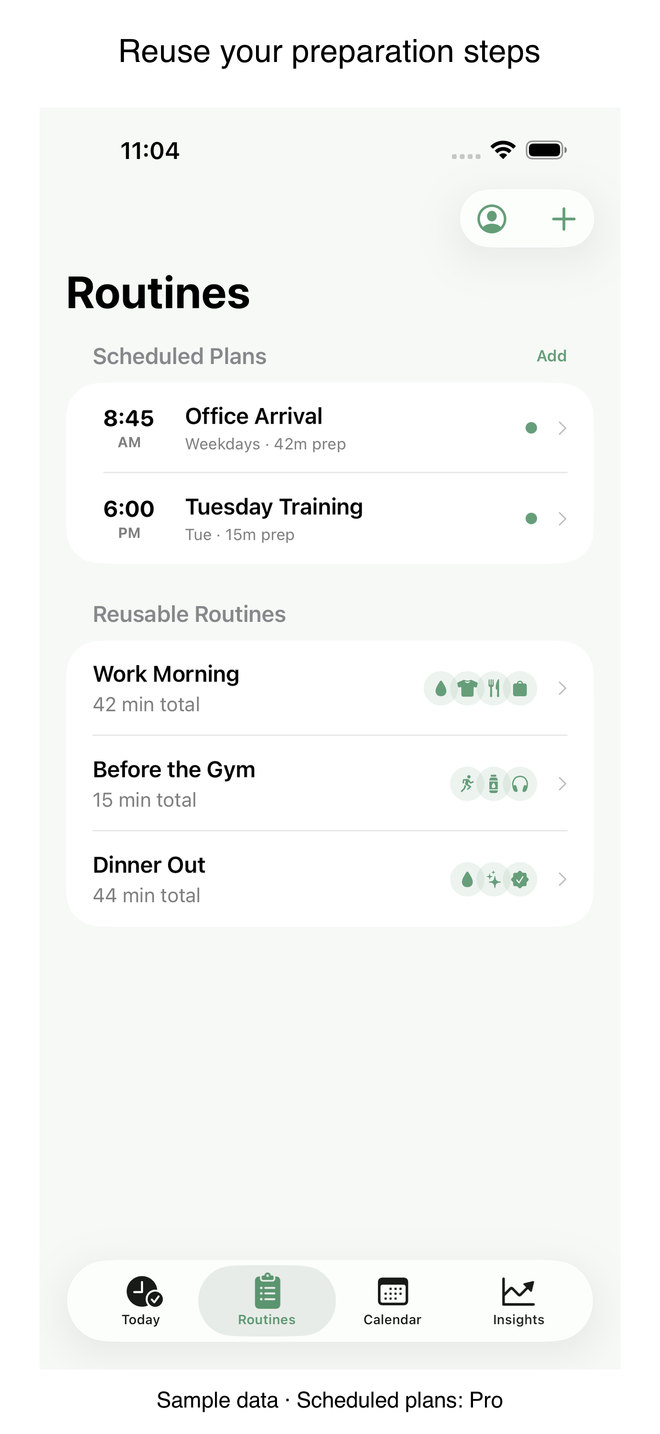 Prep Clock sample reusable routines and scheduled plans; scheduled plans require Pro