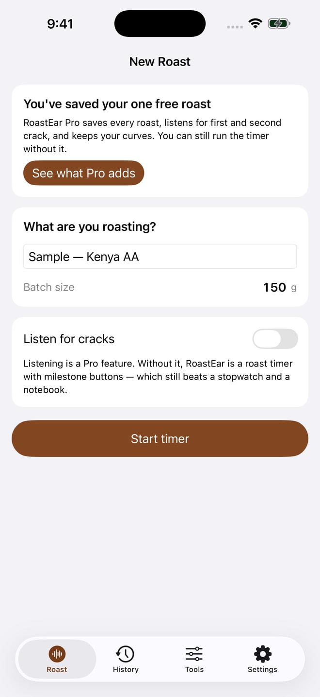 RoastEar upcoming update — sample Kenya AA setup, 150 g batch and optional Pro listening switched off.