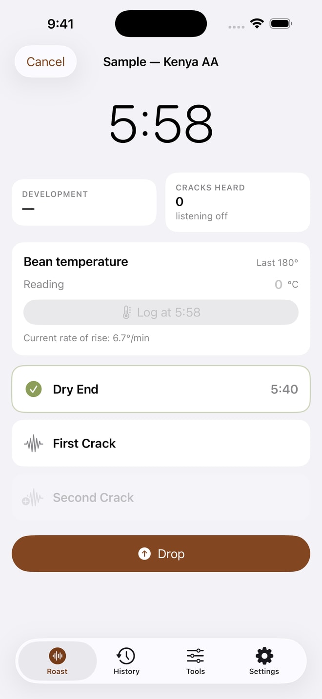 RoastEar upcoming update — sample Kenya AA manual timer, manually logged temperature and Dry End; listening off.