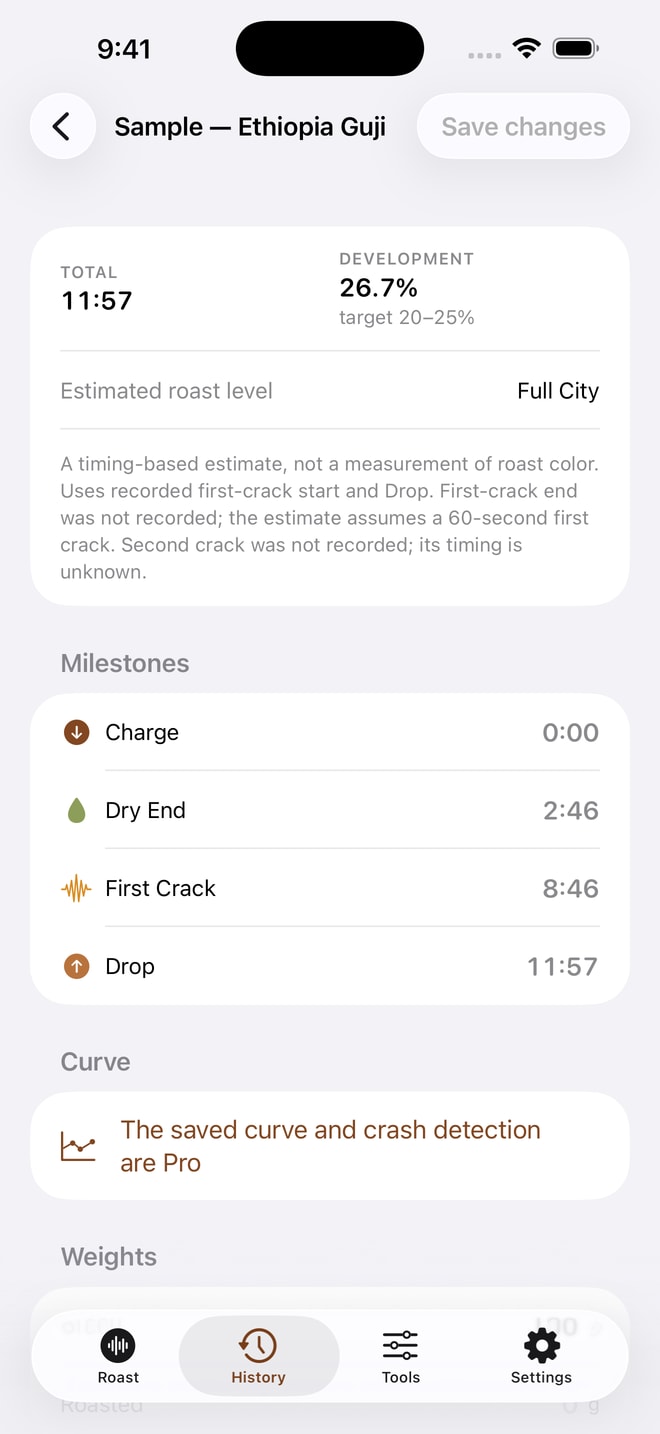RoastEar upcoming update — saved sample Ethiopia Guji detail, manual milestones and explicitly explained timing-based roast estimate.