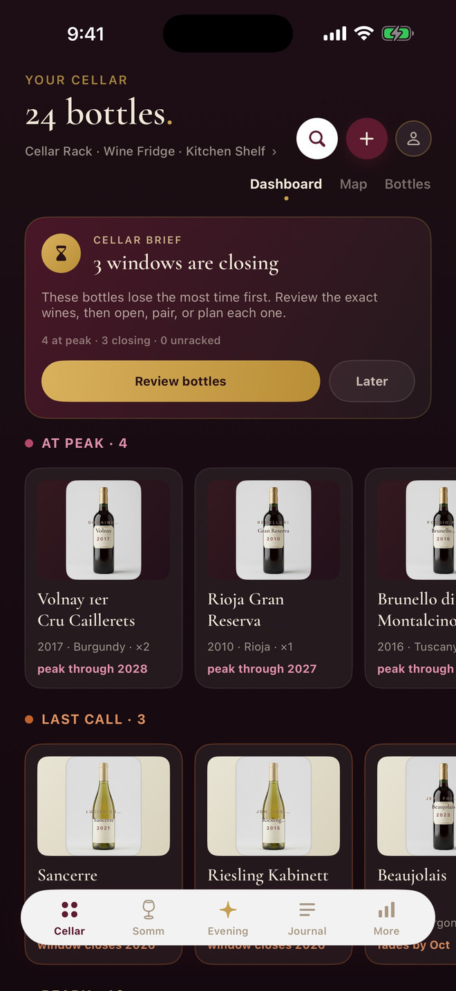Vintrove build 95 sample cellar dashboard showing 24 bottles and drinking-window groups